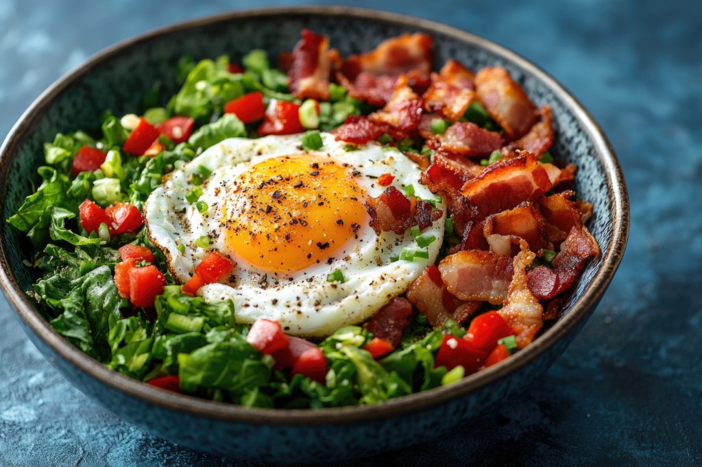 A keto-friendly breakfast bowl with eggs, greens, and bacon
