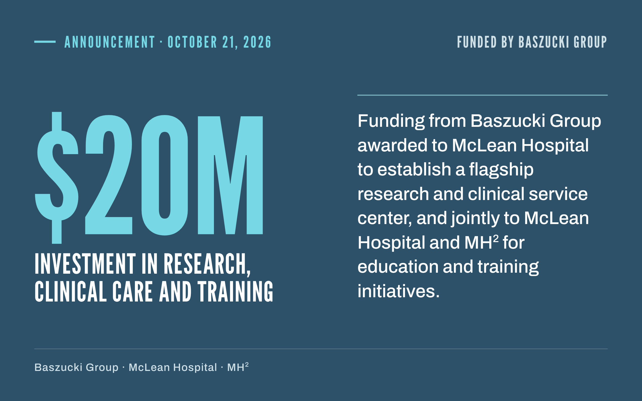 $20M investment in research, clinical care and training. Funding from Baszucki Group awarded to McLean Hospital and MH².